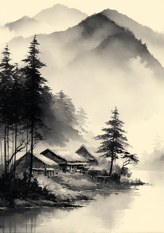 Japansk Plakat 114 – Skovhytter ved Bjergsøen
