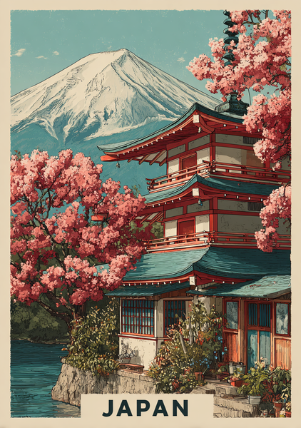 Japansk Plakat 128 Pagode ved Fuji-bjerget