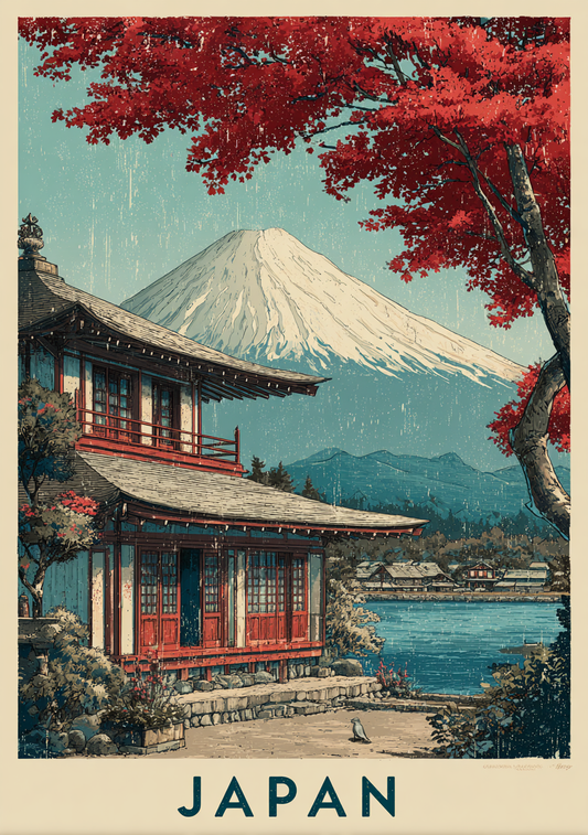 Japansk Plakat 129 – Traditionelt hus ved Fuji-bjerget