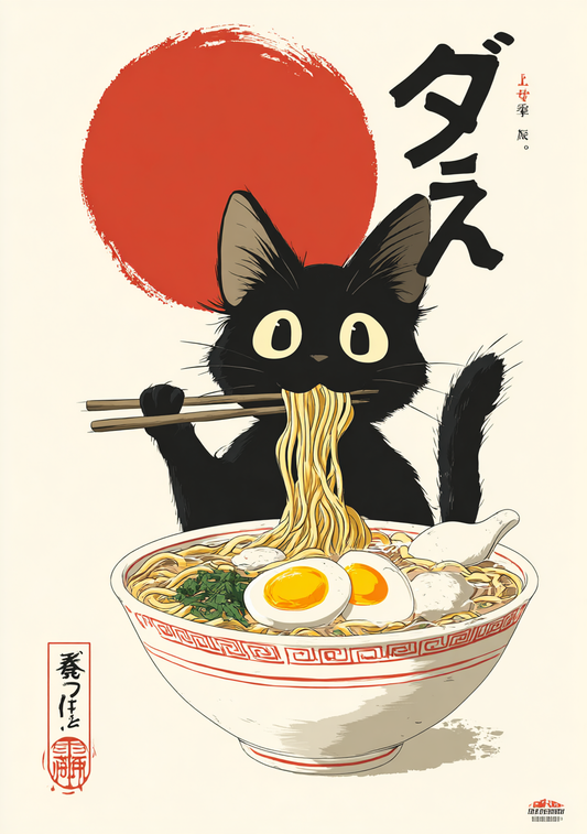 Japansk Plakat 136 – Kat & ramen med solopgang