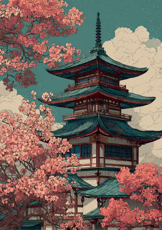 Japansk Plakat 2 – Tempeltårn blandt Sakura