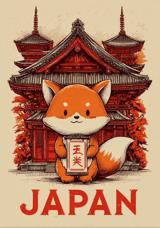 Japansk Plakat 20 – Rød Ræv foran Tempel