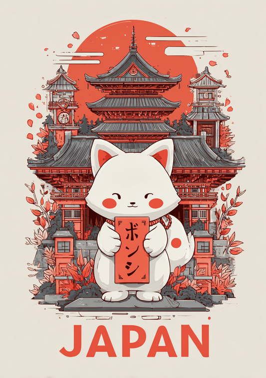 Japansk Plakat 21 – Lykkekat foran Pagode