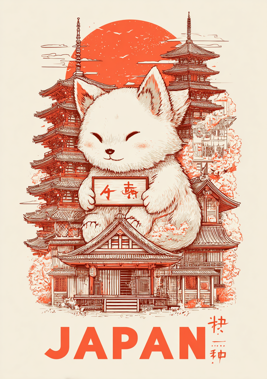 Japansk Plakat 22 – Kæmpe Lykkekat og Pagoder
