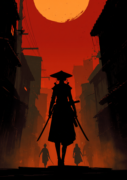Japansk Plakat 24 – Skyggesamuraier ved Solnedgang