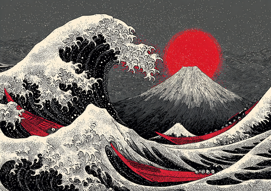 Japansk Plakat 26 – Bølgeslag og Fuji med Rød Sol