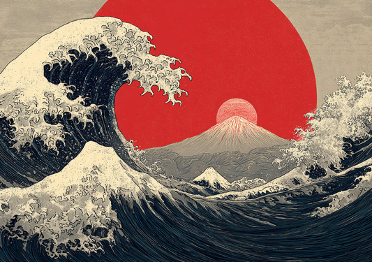 Japansk Plakat 27 – Bølgen og Fuji i Solopgang