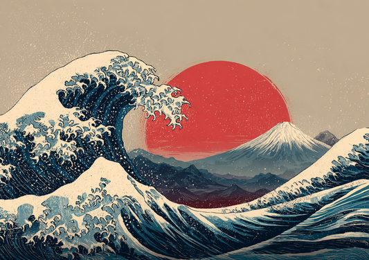 Japansk Plakat 28 – Den Store Bølge ved Fuji med Rød Sol