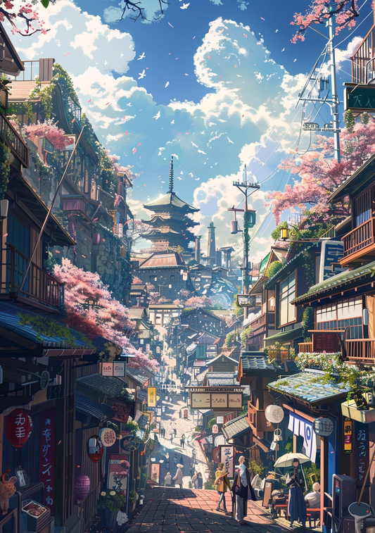 Japansk Plakat 29 – Gade i Kyoto med Kirsebærtræer og Pagode