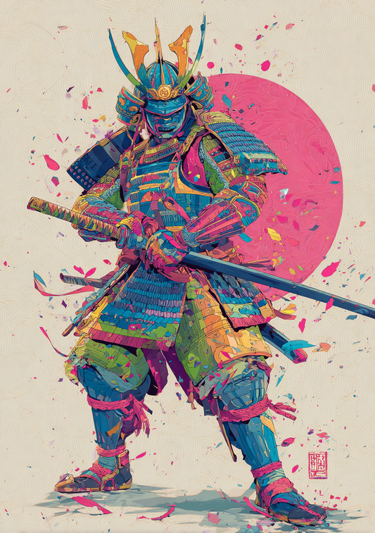 Japansk Plakat 40 – Farverig Samurai i Eksplosion af Stil