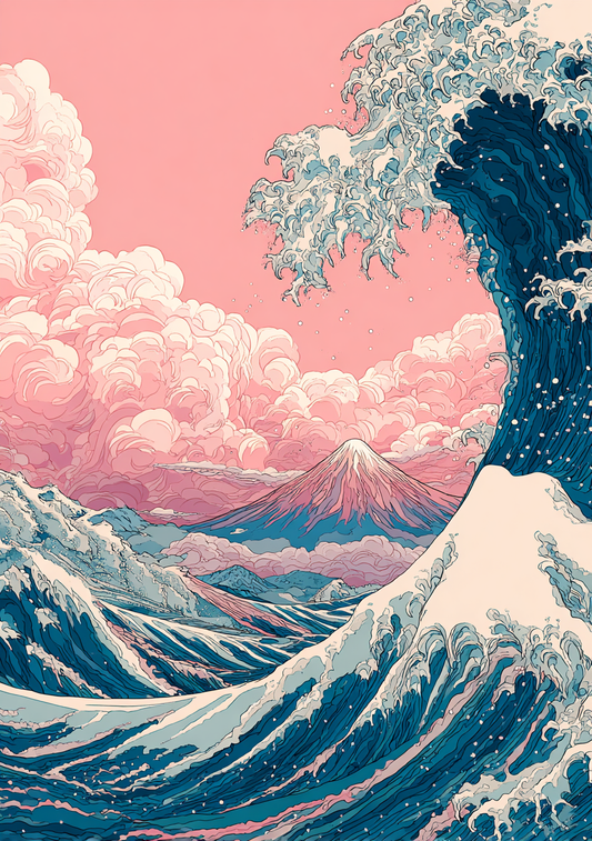 Japansk Plakat 41 – Bølgeslag foran Fuji i Pastelfarver
