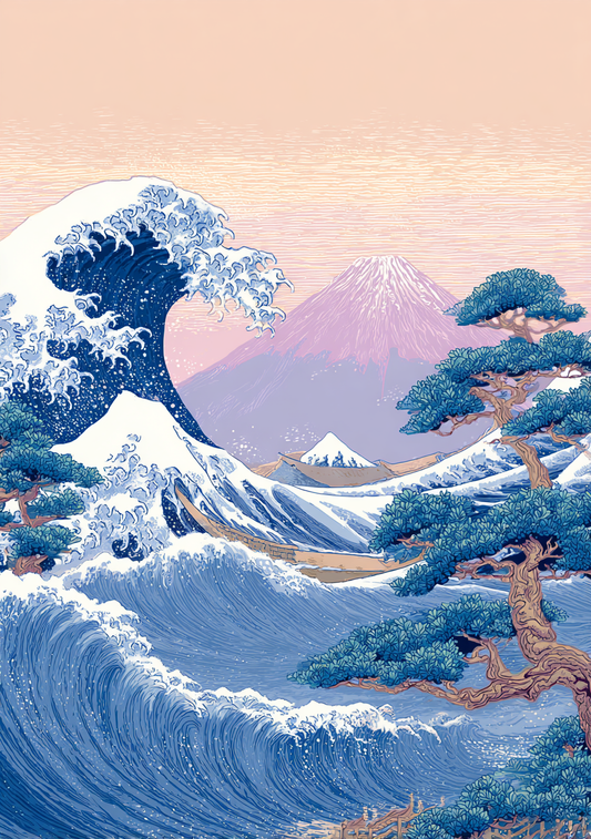 Japansk Plakat 43 – Bølgen, Fuji og Det Blå Landskab