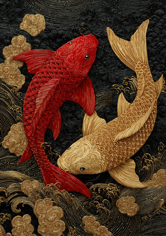 Japansk Plakat 44 – Koi Fisk i Rød og Guld på Sort Baggrund