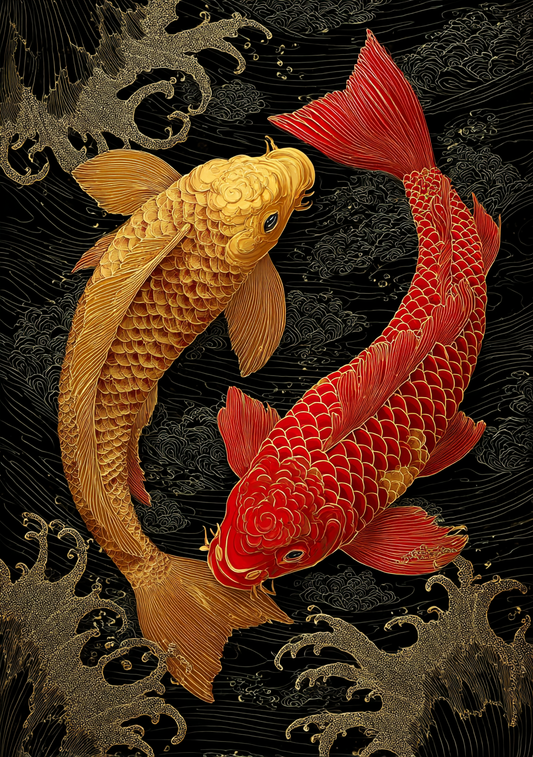 Japansk Plakat 45 – Yin Yang Koi Fisk i Rød og Guld