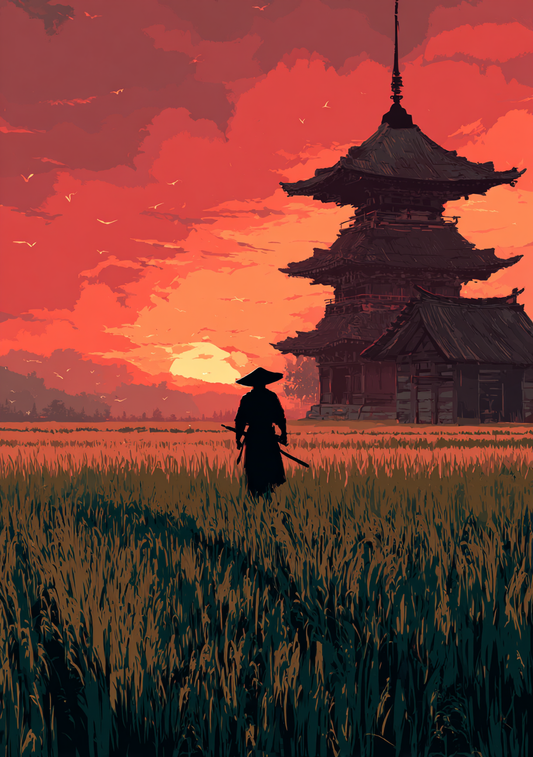 Japansk Plakat 46 – Ensom Samurai ved Solnedgang