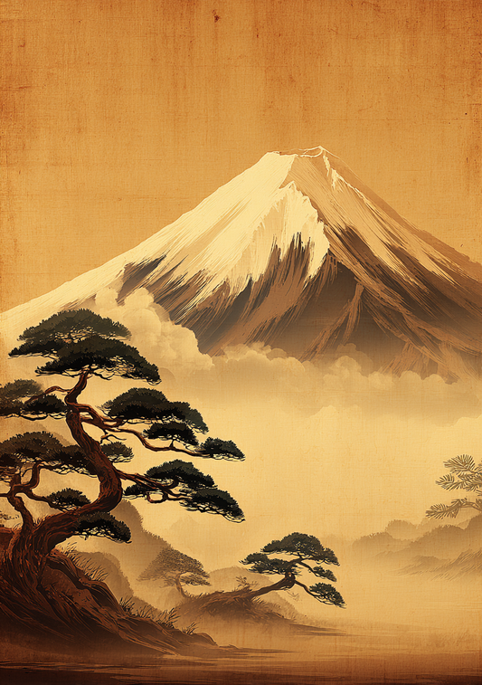 Japansk Plakat 56 – Solopgang over Mount Fuji og Krogede Fyrretræer
