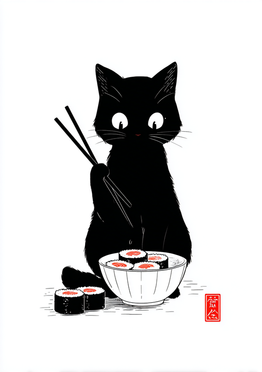 Japansk Plakat 6 – Kat med Sushi og Spisepinde