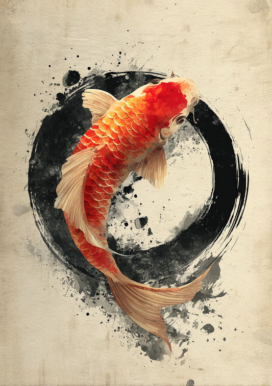 Japansk Plakat 62 - Rød Koi og Zen Cirkel