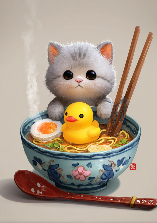 Japansk Plakat 69 - Kat, Ramen og Badeand