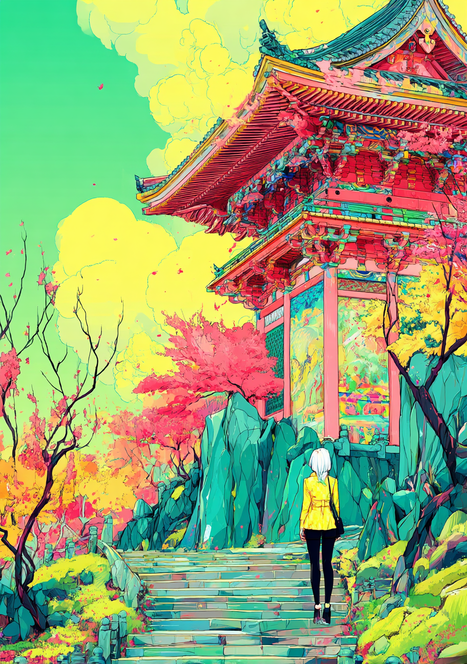 Et japansk inspireret tempel i røde og turkise nuancer rejser sig over en trappe. En lille figur står på trinene mellem farverige træer, gul himmel og grønne flader.