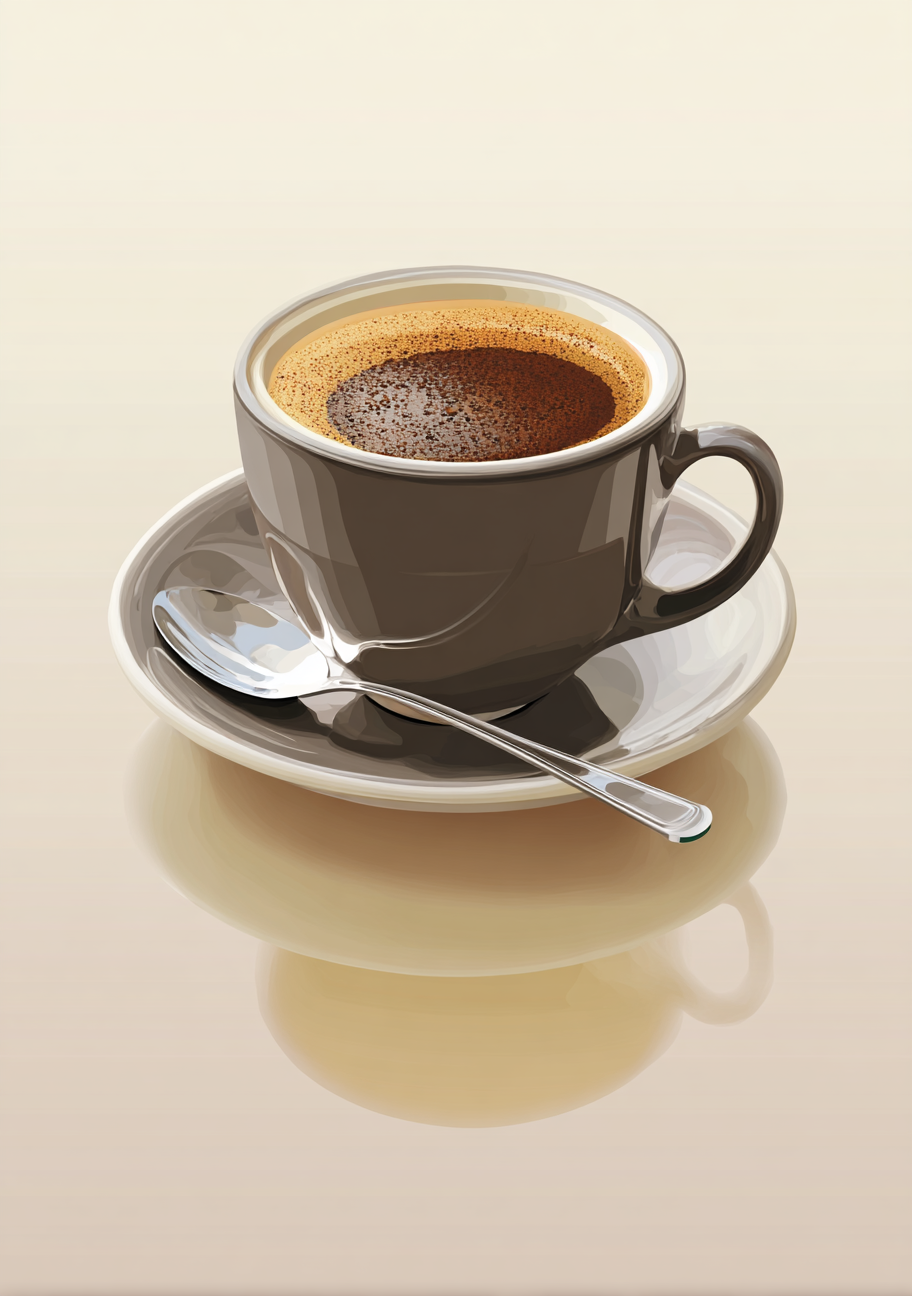 Kaffe Plakat 112 – Sort Kaffe i Grå Kop med Ske og Underkop