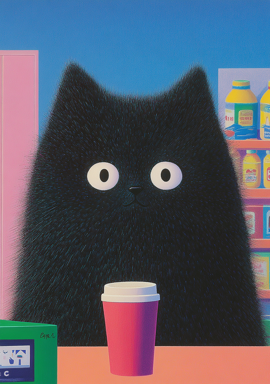 Kaffe Plakat 79 - Sort Kat og Pink Kaffekop