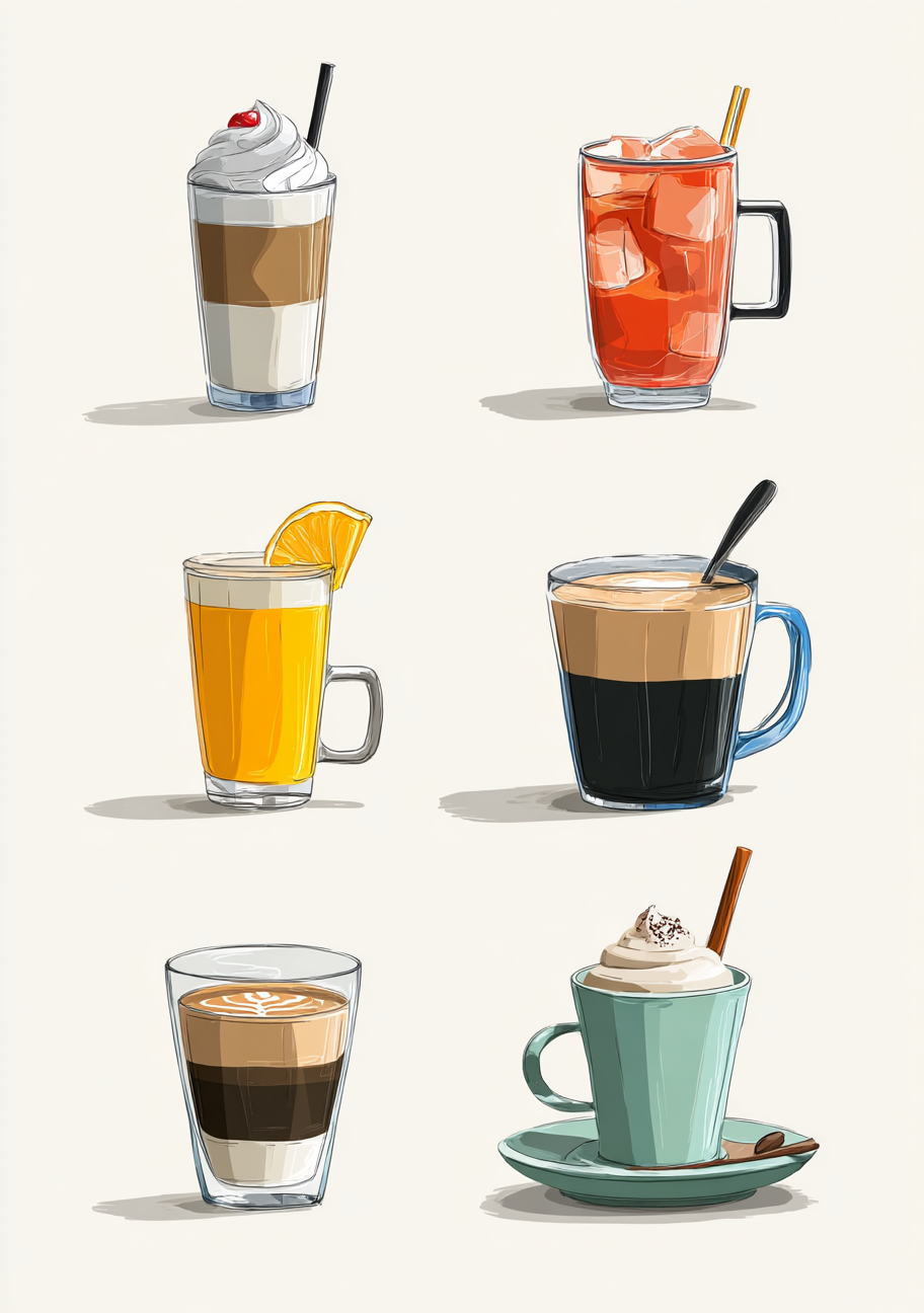 Kaffe Plakat 98 – Farverige kaffedrikke i tegnet stil