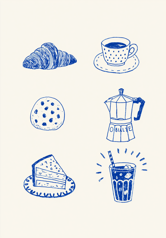 Enkle blå stregtegninger viser croissant, kaffekop, småkage, kagestykke, mokkakande og iskaffe. Motiverne er fordelt på en lys, varm baggrund med god afstand mellem formerne.
