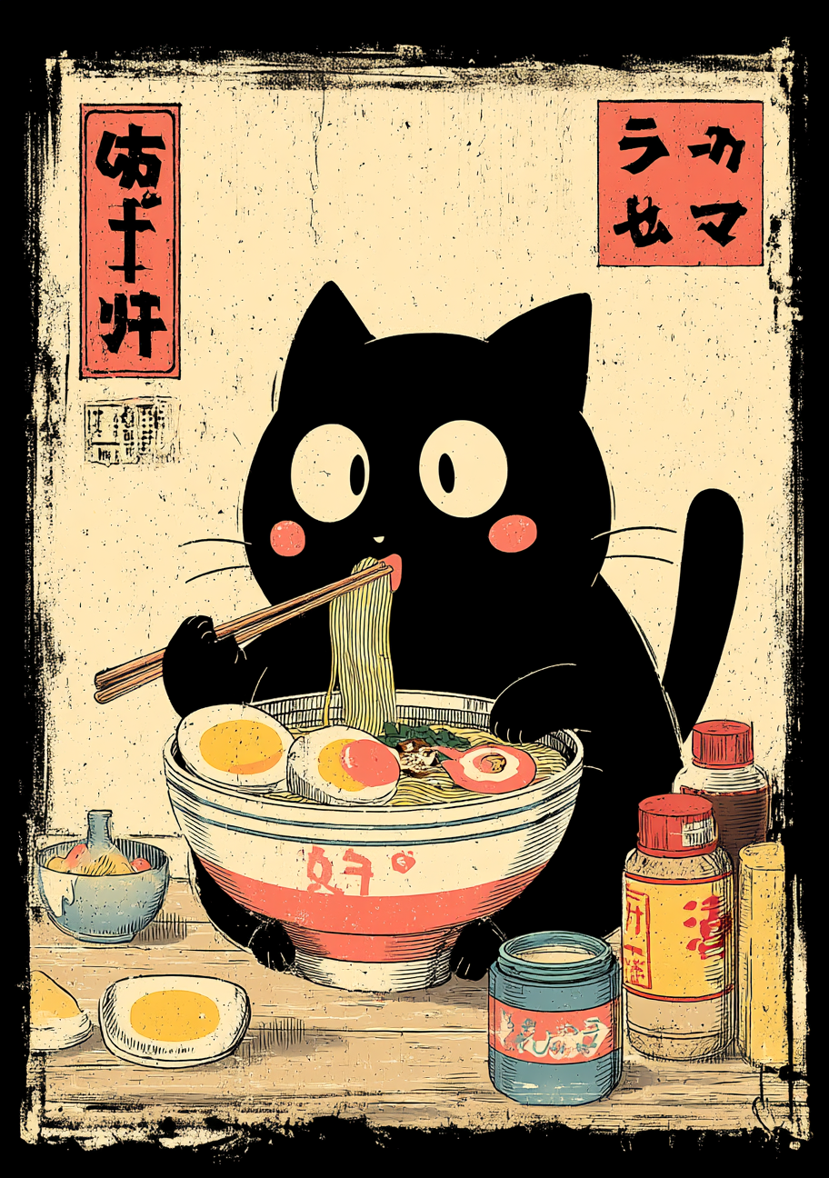 En sort kat sidder bag en skål ramen og løfter nudler med spisepinde. Japansk inspirerede tekstfelter, små flasker og en mørk kant ligger omkring den varme beige billedflade.