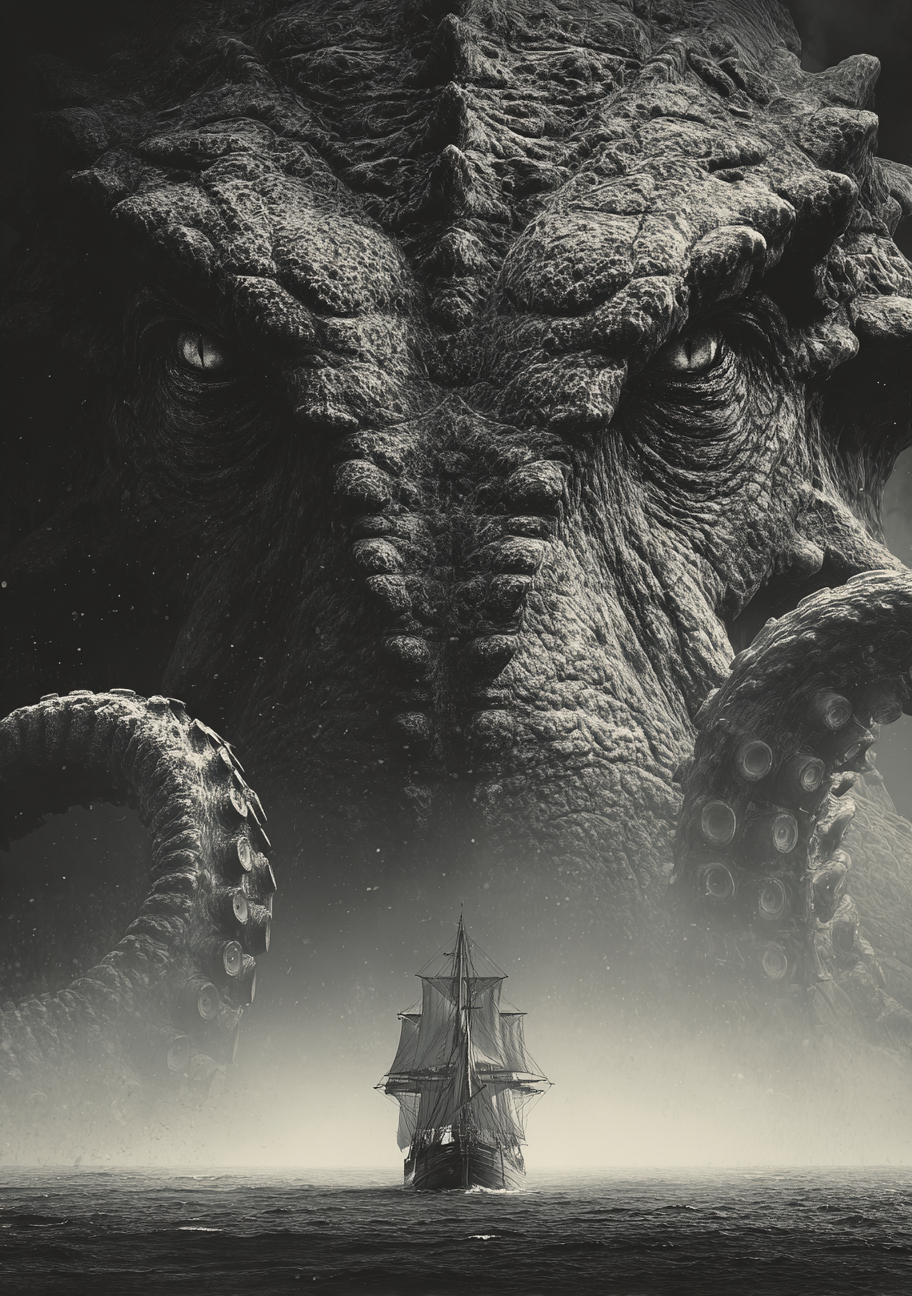 Sort-hvid plakat med enorm kraken, store øjne, tentakler og et lille sejlskib på mørkt hav i dramatisk fantasy stil