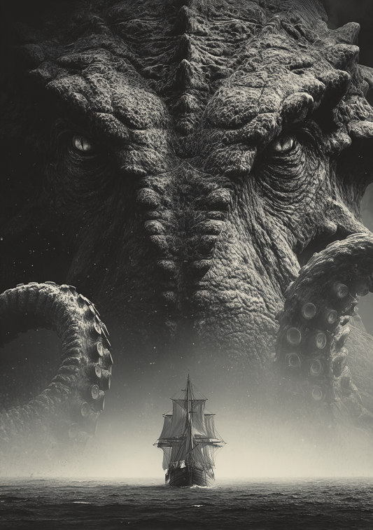 Sort-hvid plakat med enorm kraken, store øjne, tentakler og et lille sejlskib på mørkt hav i dramatisk fantasy stil