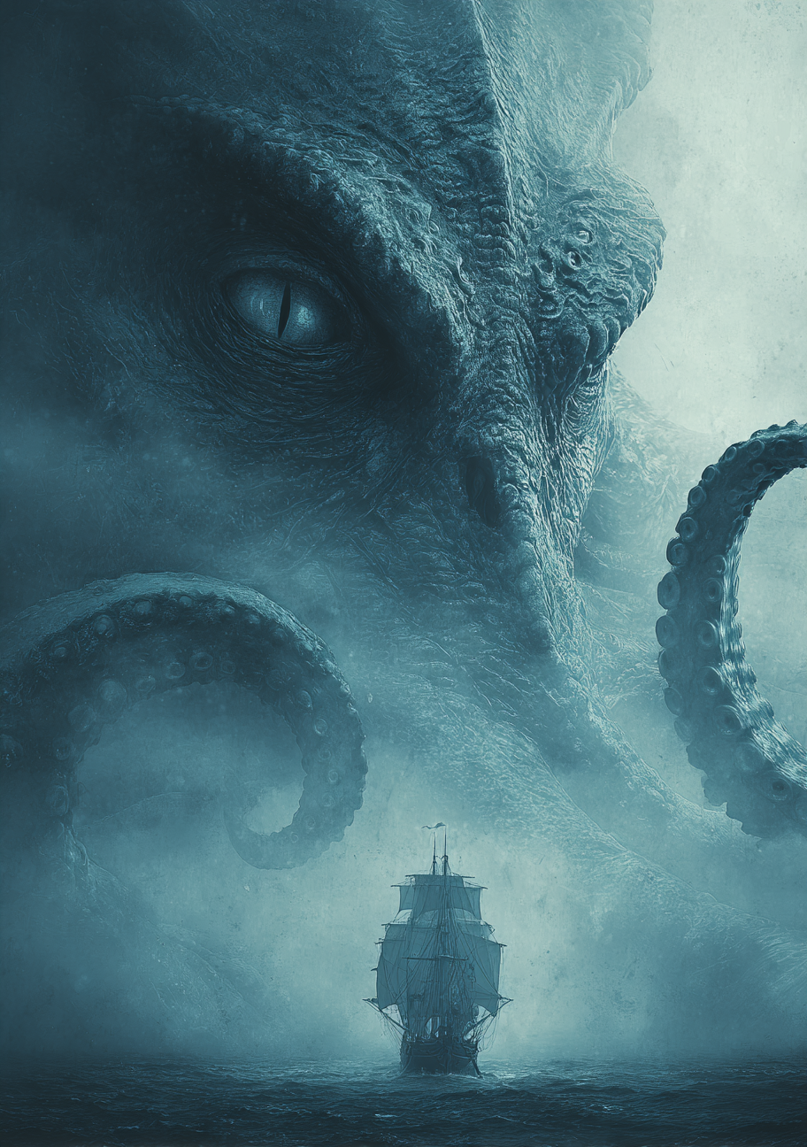 Blå fantasy plakat med stor kraken, enkelt øje, tentakler og lille sejlskib på havet omgivet af tåge og dybe havtoner