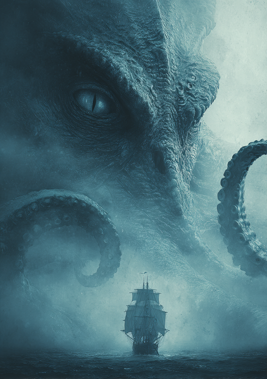 Blå fantasy plakat med stor kraken, enkelt øje, tentakler og lille sejlskib på havet omgivet af tåge og dybe havtoner