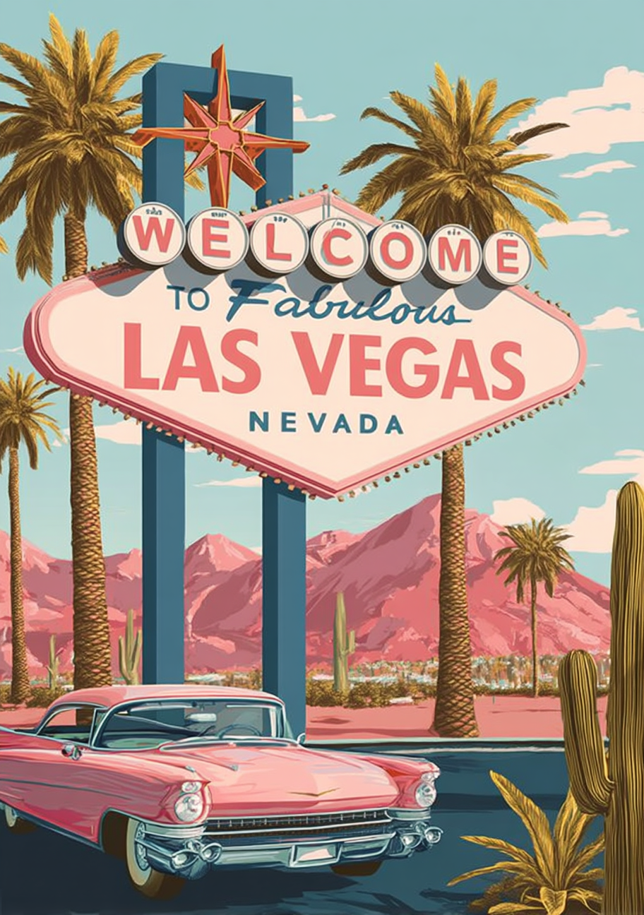 Det velkendte Las Vegas-skilt står mellem palmer med en pink bil i forgrunden. Blå himmel, varme bjerge og bløde pastelfarver giver motivet et nostalgisk rejsepræg.