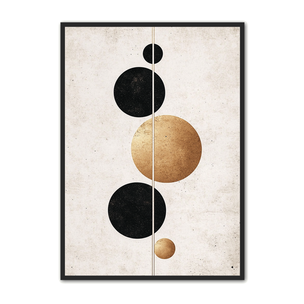 Minimalistisk Plakat 99 - Symmetri i Sort og Guld Cirkler