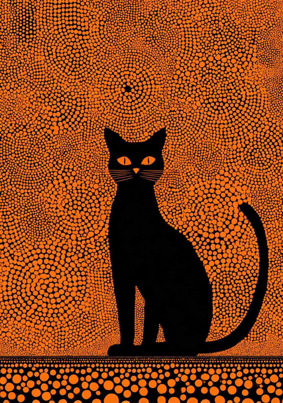Elegant sort kat med lang buet hale og orange øjne på en orange baggrund med prikker og ringe.