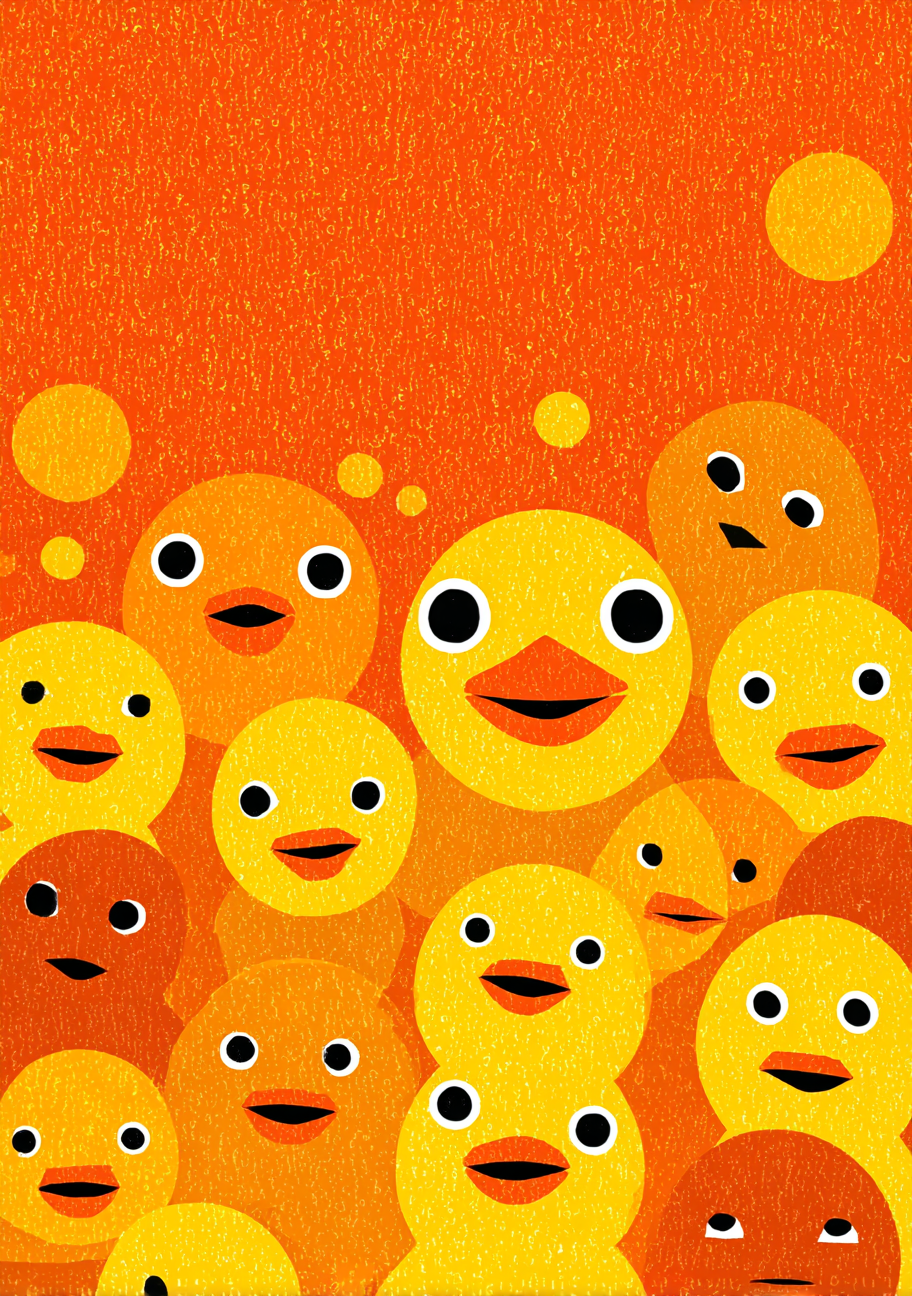 Glade gule og orange ællinger med åbne næb og sorte øjne under en orange prikket himmel.