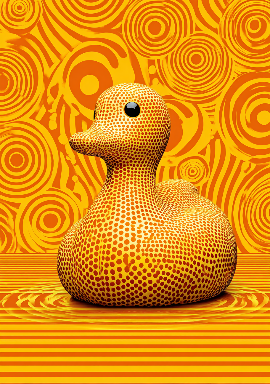 Gul gummiand med orange næb foran gule og orange spiralmønstre på en stribet flade.