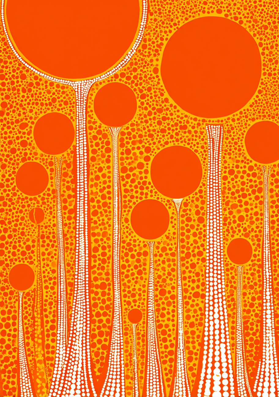 Høje orange bobleblomster med runde hoveder og lange lyse stængler på orange prikkebund.
