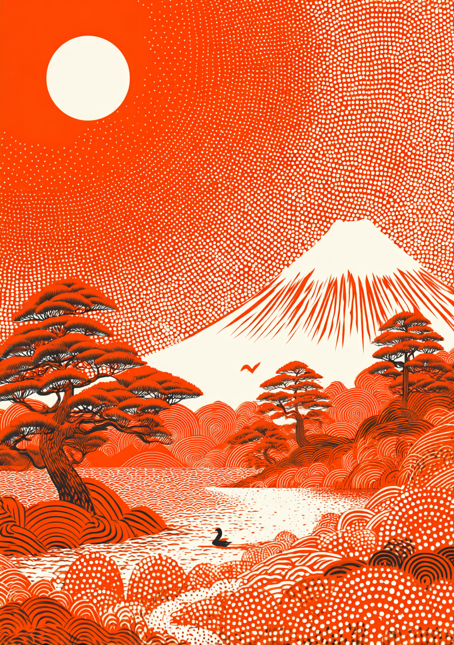 Snehvidt Mount Fuji, mørke fyrretræer og en lys måne over et orange prikkelandskab.