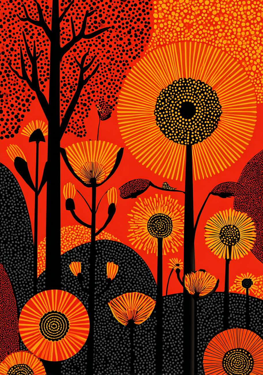Orange runde blomsterhoveder og sorte plantestængler i en have med røde og orange prikkefelter.
