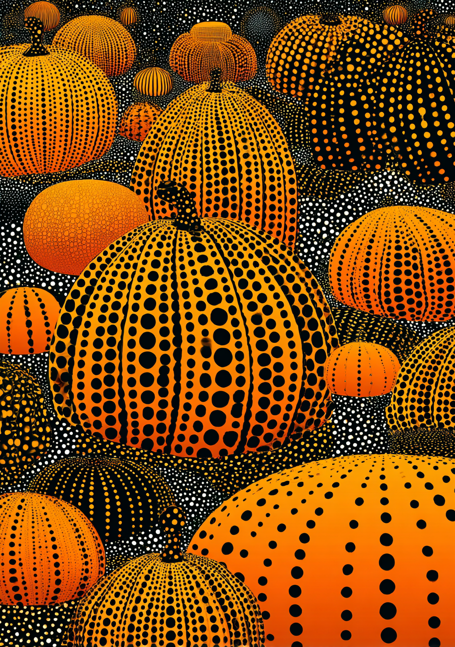 Orange græskar med sorte prikker i flere størrelser mod en mørk tæt prikket baggrund.