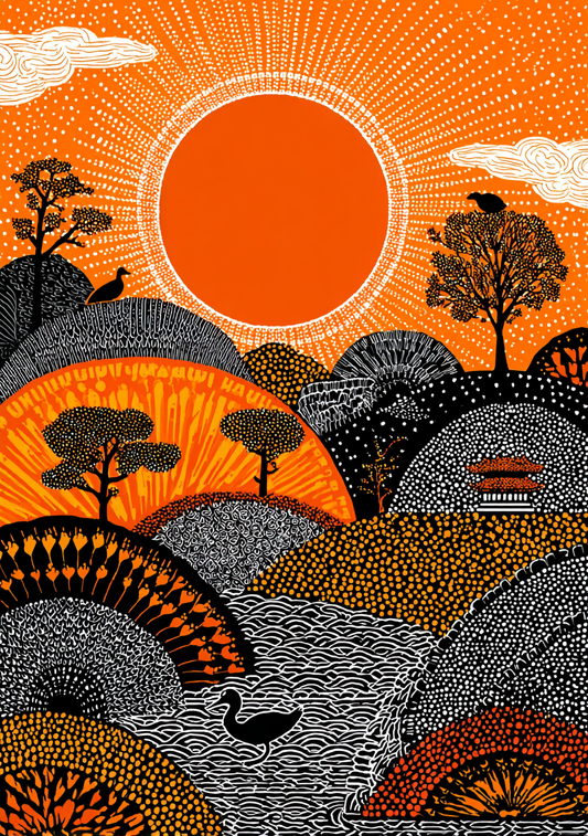 Stor orange sol over grå og sorte grafiske bakker med mørke træer, hvide skyfelter og prikkemønstre.