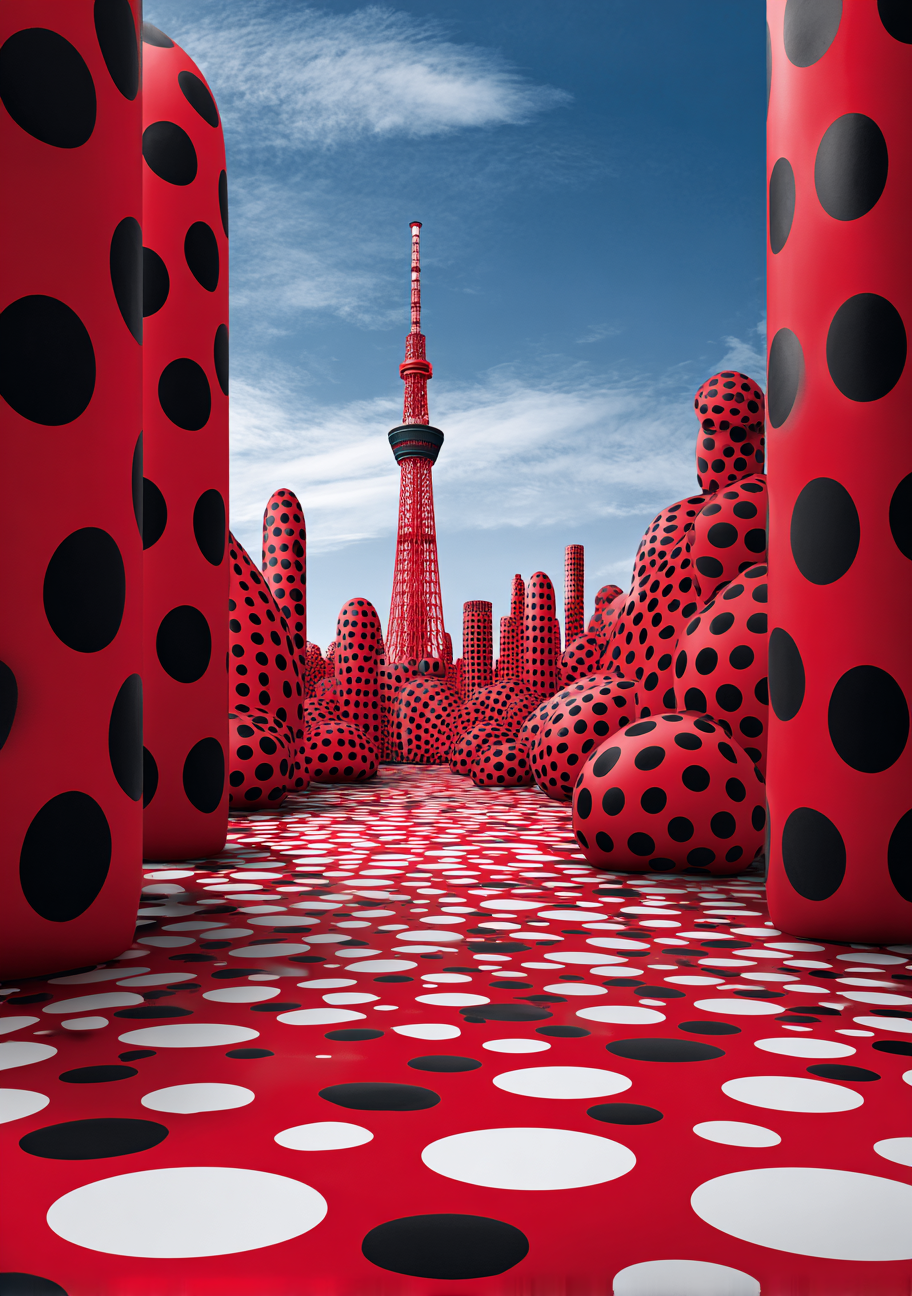Tokyo Tower mellem røde prikkesøjler over et rødt, hvidt og sort mønstret gulv under blå himmel.