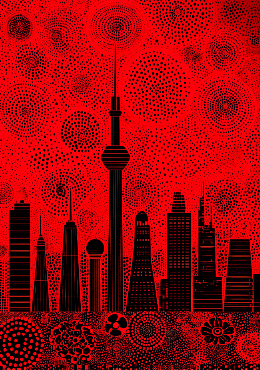 Mørk Tokyo Tower-skyline under en rød himmel med store prikkede cirkler.