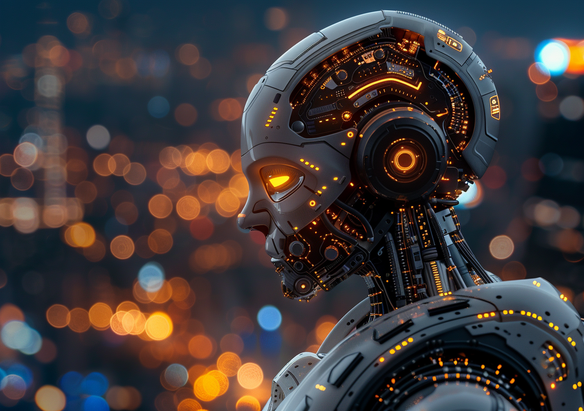 En mekanisk robotprofil med et glødende orange øje ses foran en mørk blå baggrund med små lysfelter. Ledninger, ringe og metalplader fylder hoved og hals.