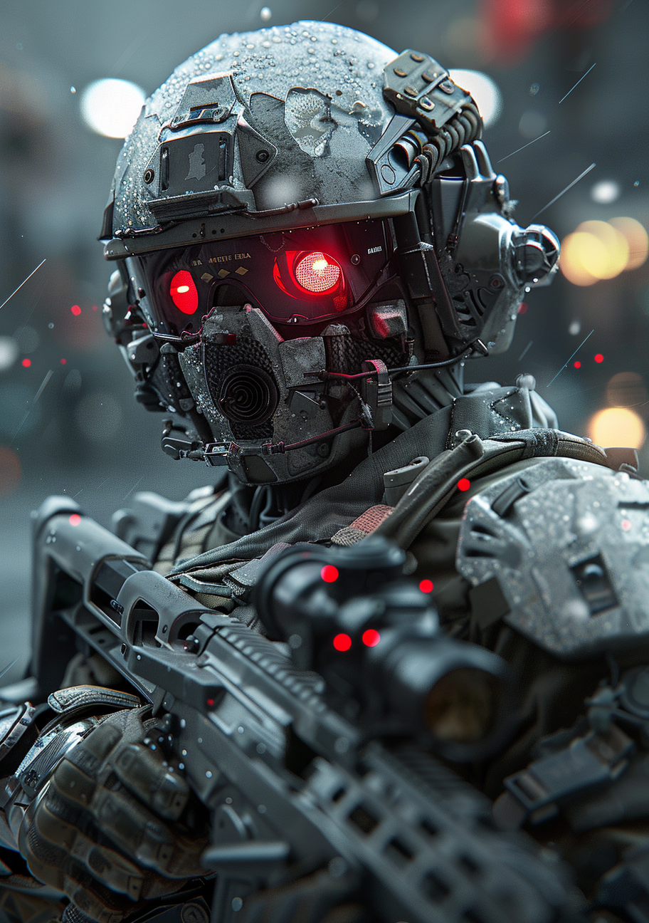 En pansret robotsoldat med røde lysende øjne står mellem mørke baggrundslys. Grå metalplader, samlinger og tekniske detaljer dækker hoved og overkrop.