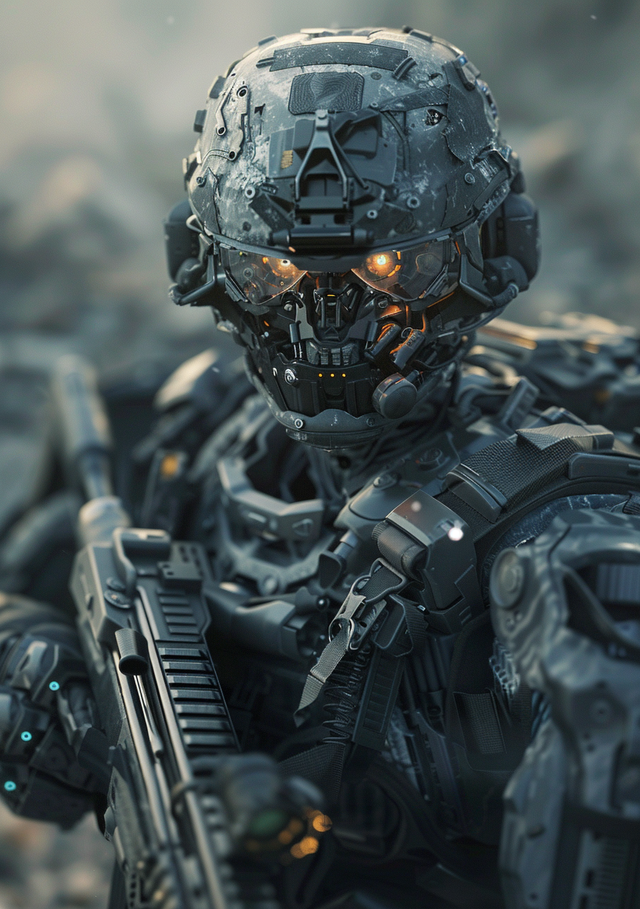 En mørk robotsoldat med gyldne øjne ses forfra i et diset grågrønt rum. Små ridser, metalflader og mekaniske samlinger giver figuren en tæt struktur.