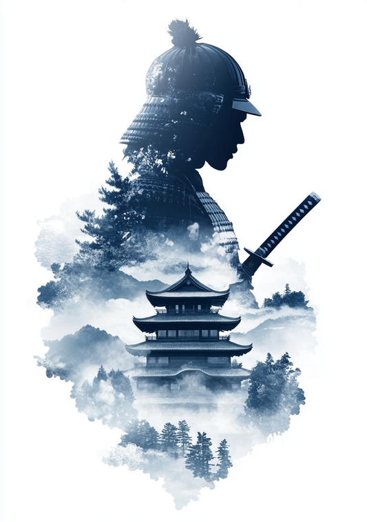 En samurai-inspireret blå silhuet rummer et japansk tempel, træer og disede bjerglag. Et sværd og hovedets profil gør figuren genkendelig på den hvide baggrund.