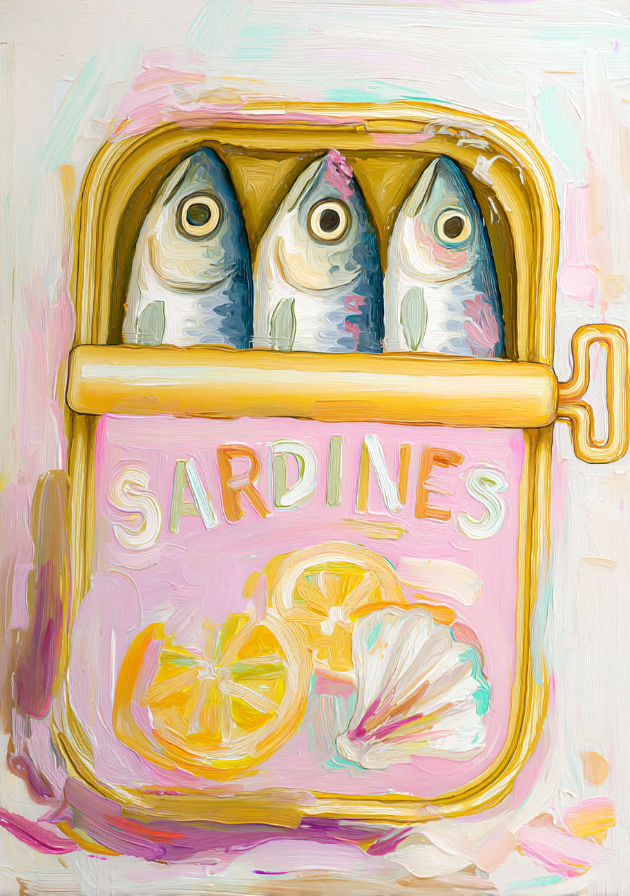 En pink og gul konservesdåse med fisk og citronskiver står mod en lys pastelbaggrund. Runde øjne og store bogstaver på dåsen gør motivet grafisk og humoristisk.